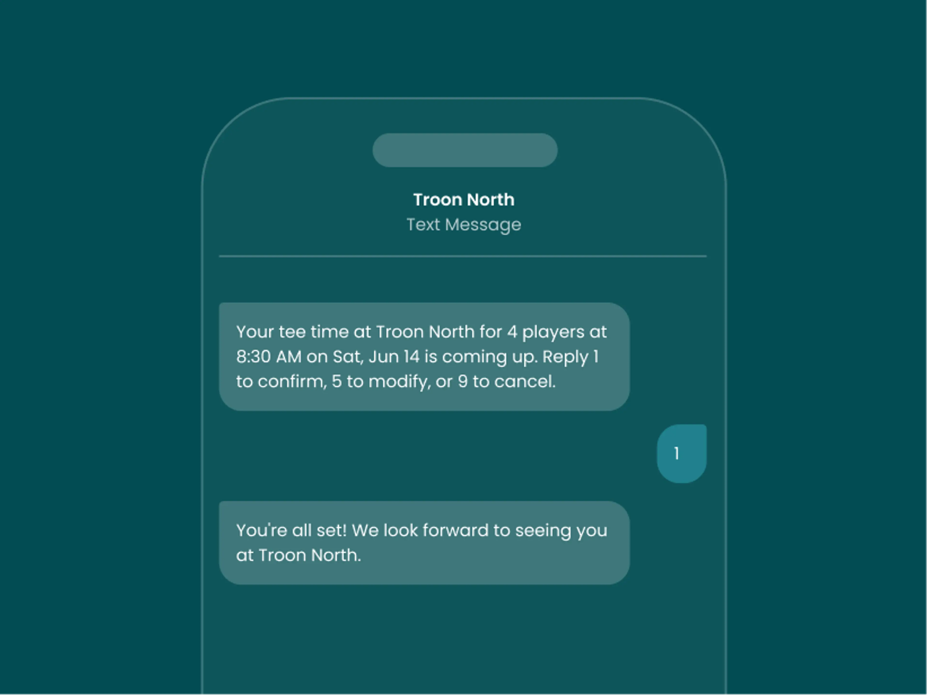 Mock-up image of text message confirmations for tee times, preventing cancellations.