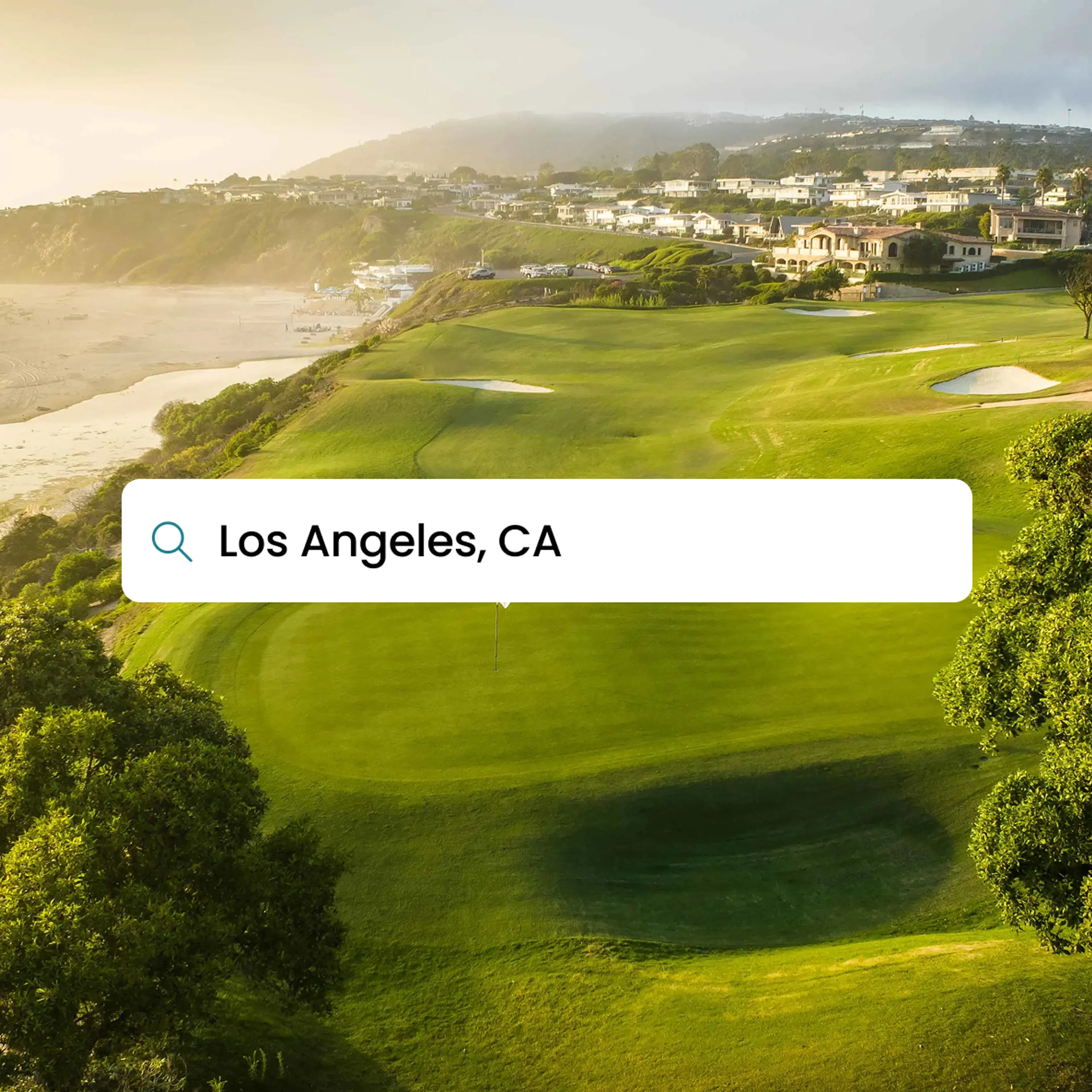 A search bar floating above an ocean-side golf course